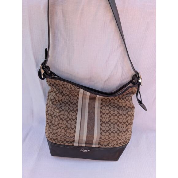 COACH Legacy Duffle Bucket Shoulder Bag Brown/Khaki Medium Size Handbag EUC - Picture 1 of 8